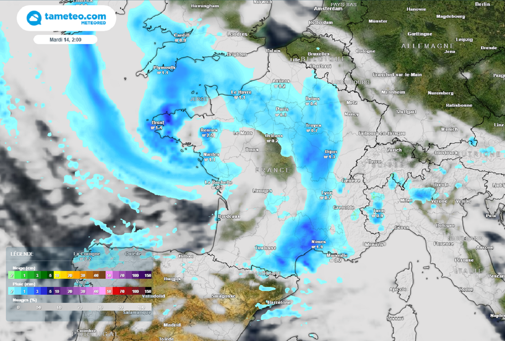 Une perturbation active devrait traverser le pays d'ouest en est entre lundi et mardi, n'épargnant quasiment aucune région...