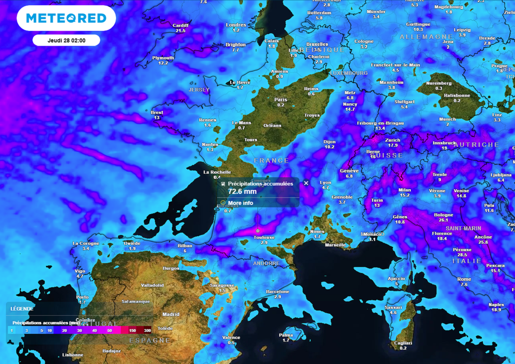 C'est dans le sud du pays où les cumuls de pluies pourraient être les plus importants en début de semaine prochaine.
