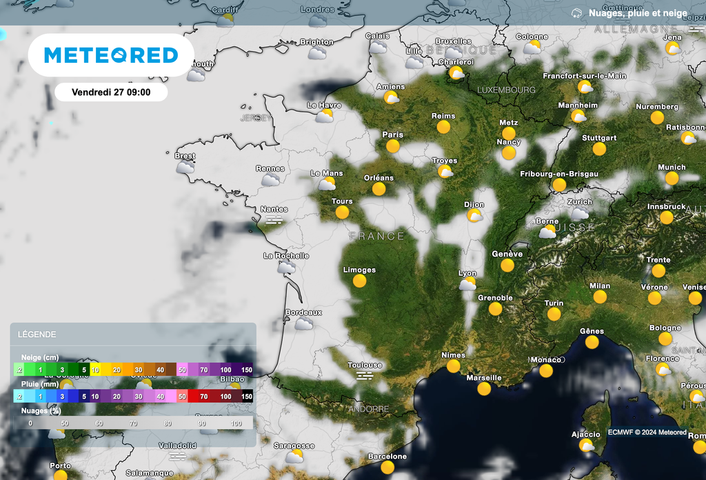 Nombreuses grisailles près de la Manche et de l'Atlantique.