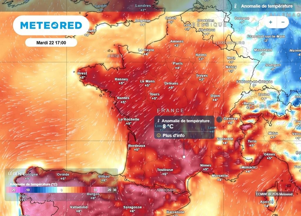 Anomalies de températures Les températures seront situées largement au-dessus des normales sur la France cet après-midi, excepté sur l'Alsace où la masse d'air se montrera sensiblement plus fraîche