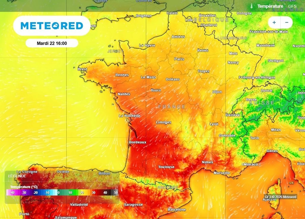 Maximales Le ressenti s'annonce de nouveau estival cet après-midi sur l'ouest et le sud de la France avec des valeurs dignes du plein été de la Nouvelle-Aquitaine à la Méditerranée