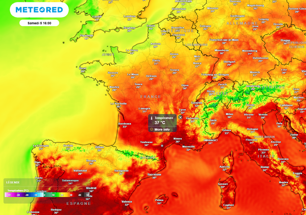 Samedi après-midi, il fera encore jusqu'à 37-38°C dans les départements méditerranéens. Samedi après-midi, il fera encore jusqu'à 37-38°C dans les départements méditerranéens.