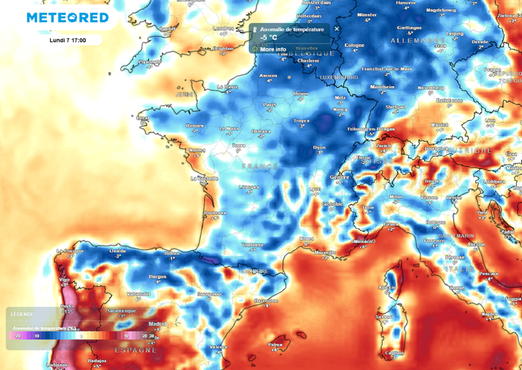 En début de semaine prochaine, les températures seront parfois situées jusqu'à 5°C en dessous des normales de saison. En début de semaine prochaine, les températures seront parfois situées jusqu'à 5°C en dessous des normales de saison.