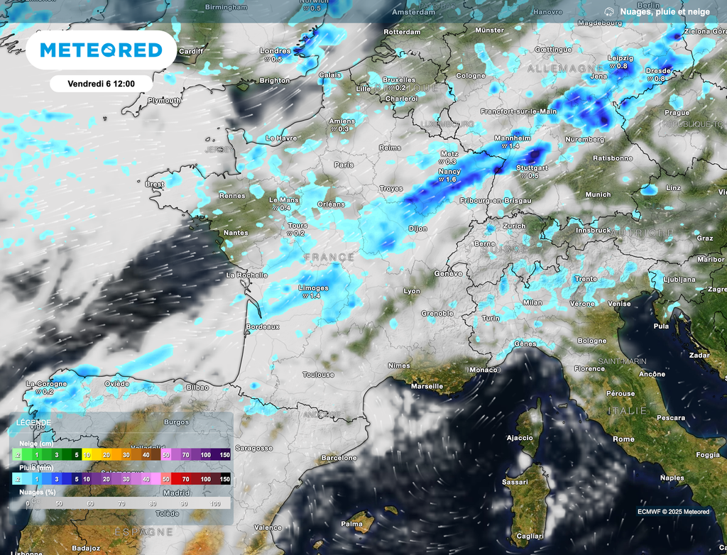 Une perturbation essentiellement pluvieuse va favoriser le développement d'orages en s'enfonçant plus au sud. Une perturbation essentiellement pluvieuse va favoriser le développement d'orages en s'enfonçant plus au sud.