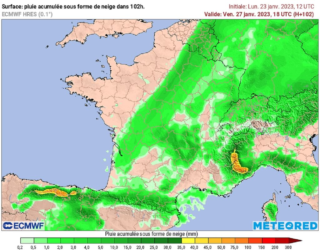Couche de neige envisagée au passage de la perturbation jeudi (modèle ECMWF via TAMETEO). Couche de neige envisagée au passage de la perturbation jeudi (modèle ECMWF via TAMETEO).