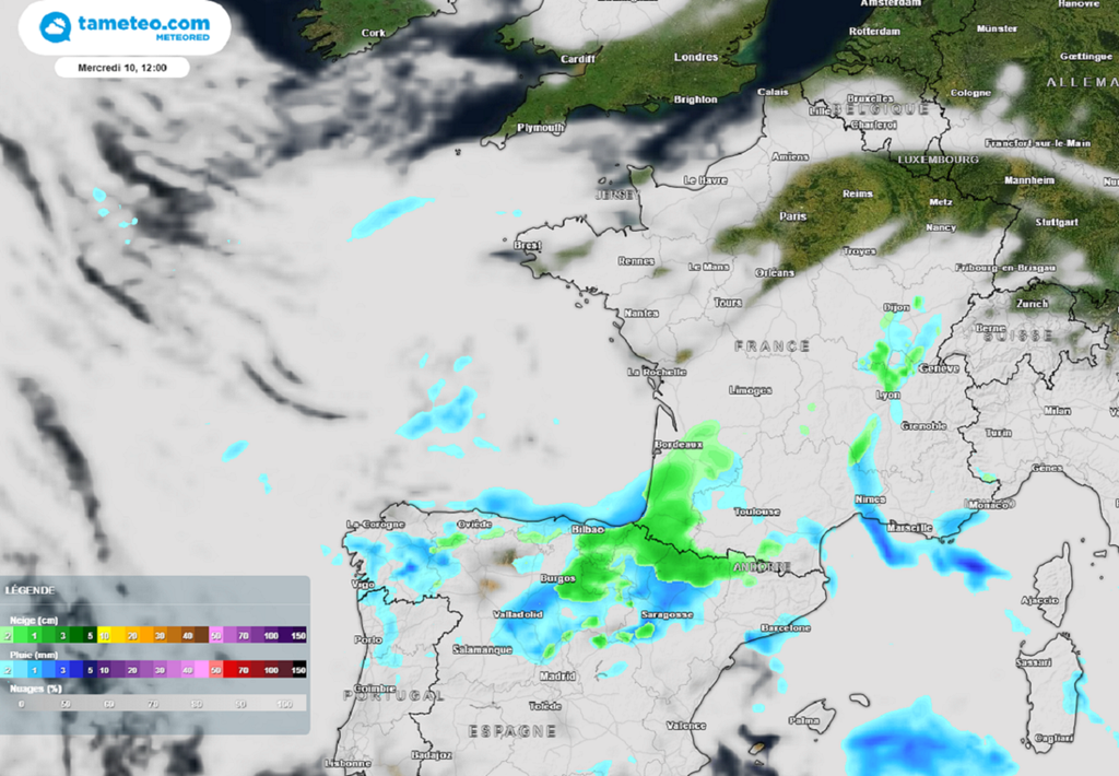 Ce mercredi matin, le risque de neige (en vert sur la carte) se concentre essentiellement dans le sud-ouest et plus localement en vallée du Rhône. Ce mercredi matin, le risque de neige (en vert sur la carte) se concentre essentiellement dans le sud-ouest et plus localement en vallée du Rhône.