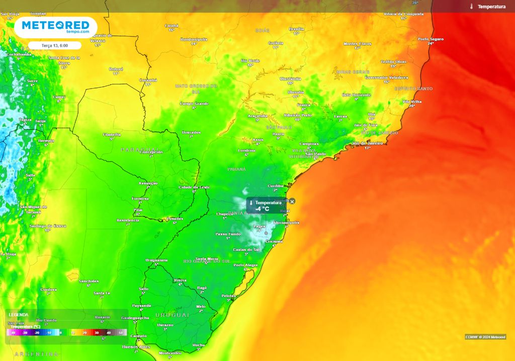 Minimales prévues pour mardi. Le froid s'intensifie et la zone de températures négatives s'étend dans le Sud du Brésil. Le sud de l'État de Minas Gerais et la région de la Serra da Mantiqueira, à São Paulo, pourraient enregistrer des températures proches de 0°C.