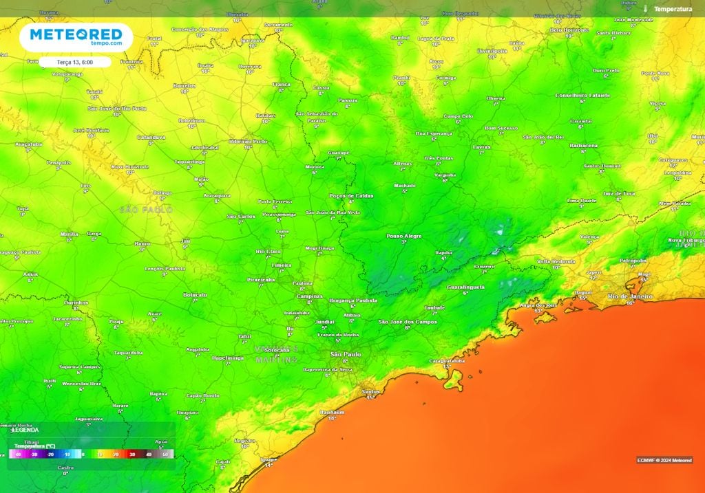 Des températures inférieures à 4°C sont attendues dans le sud du Minas Gerais, avec des températures négatives dans les régions les plus élevées entre le sud du Minas Gerais et Rio de Janeiro.