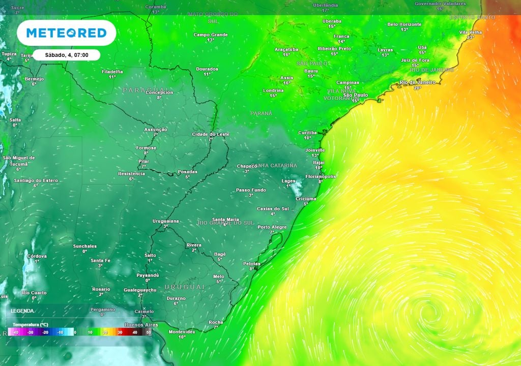 Previsão de temperaturas mínimas ao longo deste sábado durante o início da manhã. Previsão de temperaturas mínimas ao longo deste sábado durante o início da manhã mostra que diversos municípios serranos registrarão temperaturas negativas (cores esbranquiçadas).