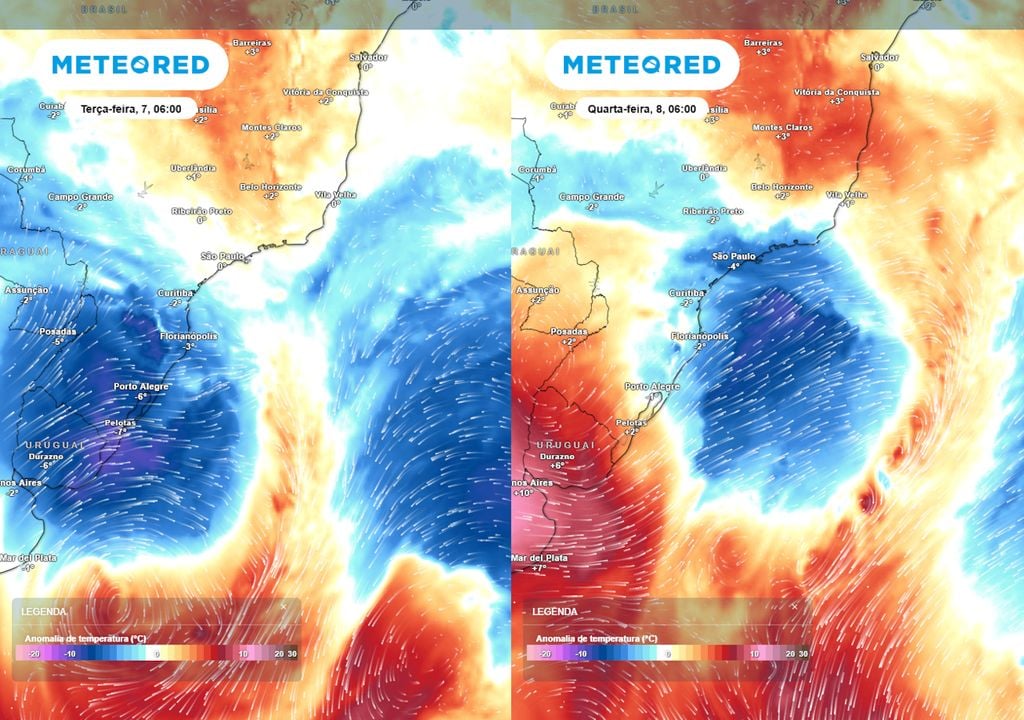 Previsão de anomalias de temperatura em 850 hPa semana que vem.. Previsão de anomalias de temperatura em 850 hPa mostra uma nova massa de ar frio avançando pelo país e ajudando a manter o frio sobre a região Sul e Sudeste na semana que vem.