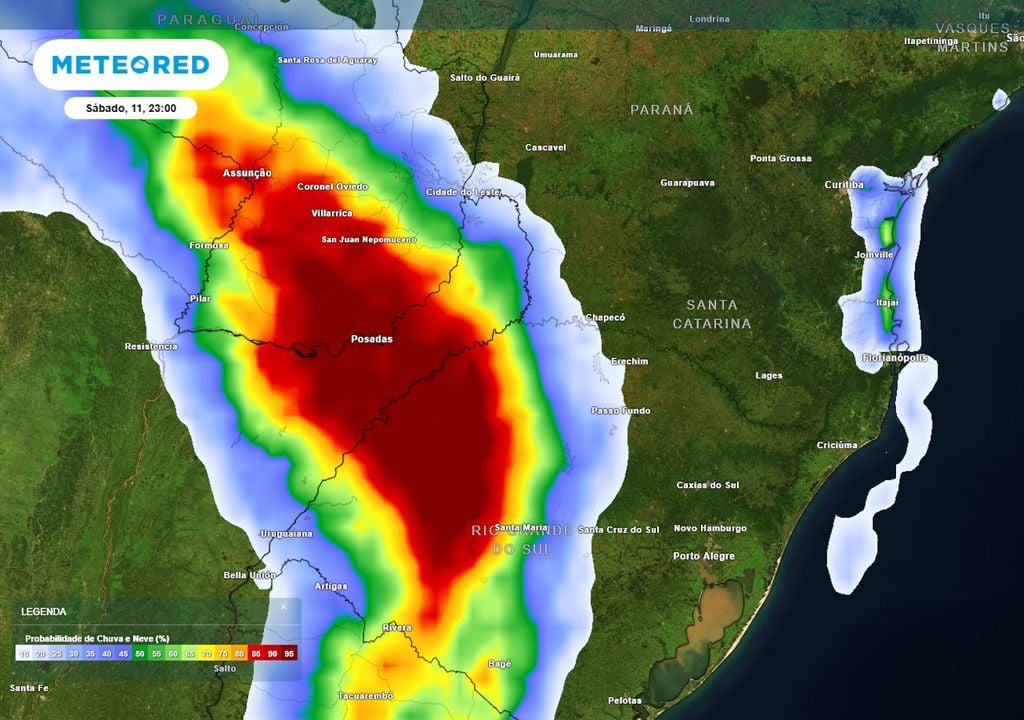 Previsão de probabilidade de chuva no sábado durante a noite mostra o sistema avançando pelo oeste do RS e de SC, ocasionando a formação de tempestades intensas sobre a região.