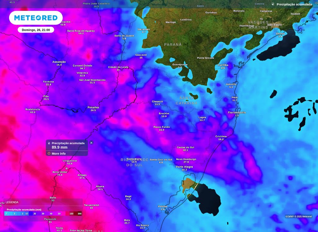Precipitação acumulada prevista entre sexta-feira (24) e domingo (26).