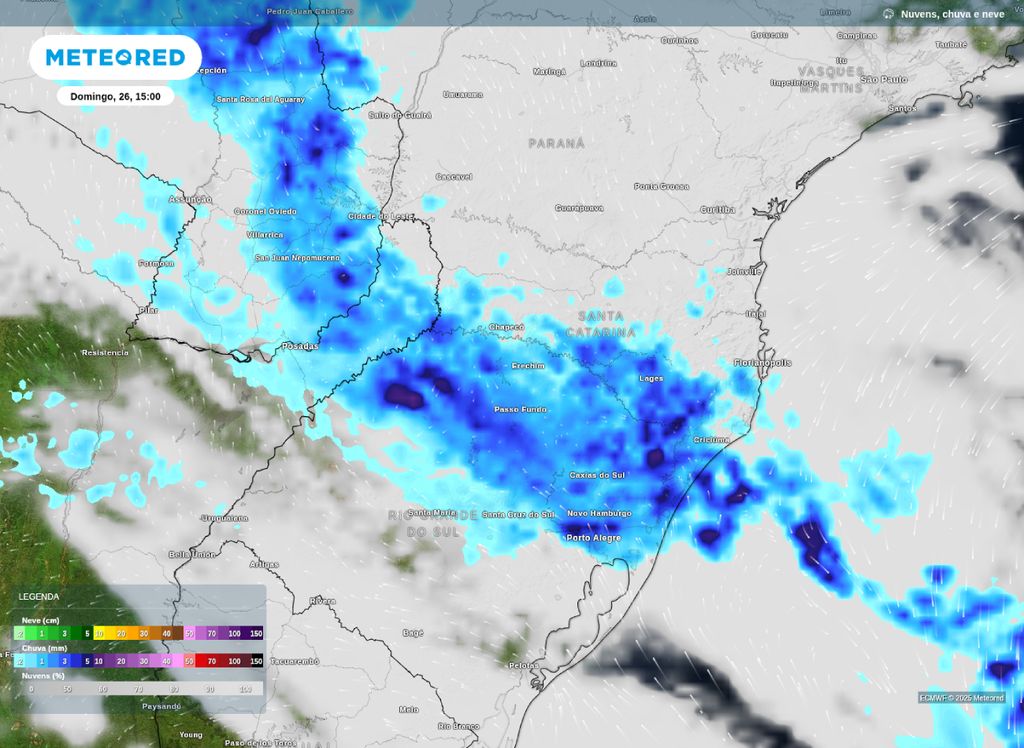 Precipitação prevista para a tarde de domingo (26) sobre o Sul do Brasil.