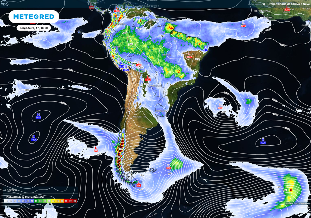 Previsão de chuva na terça-feira (17), de acordo com o ECMWF.