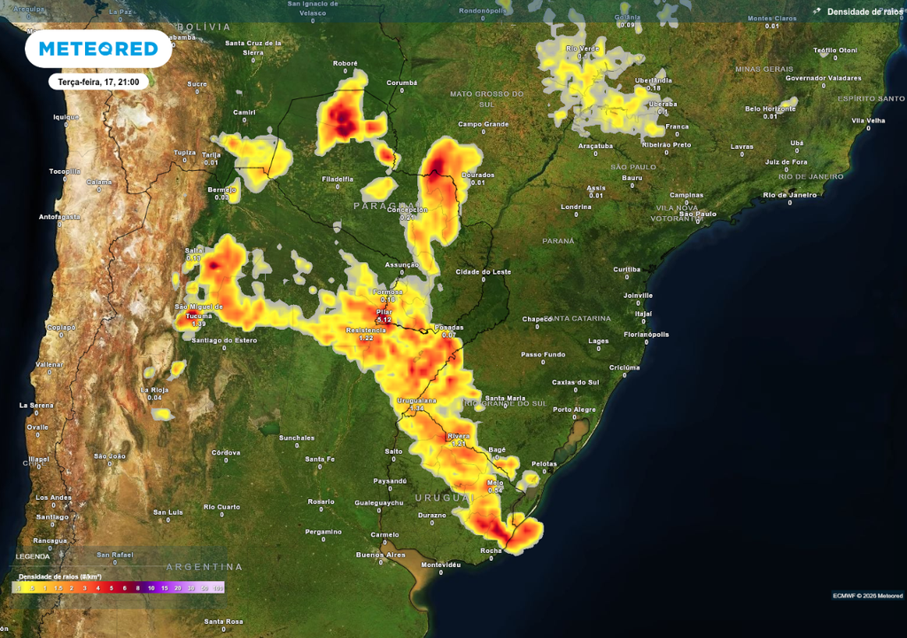Previsão de tempestades na terça-feira (17), de acordo com o ECMWF.