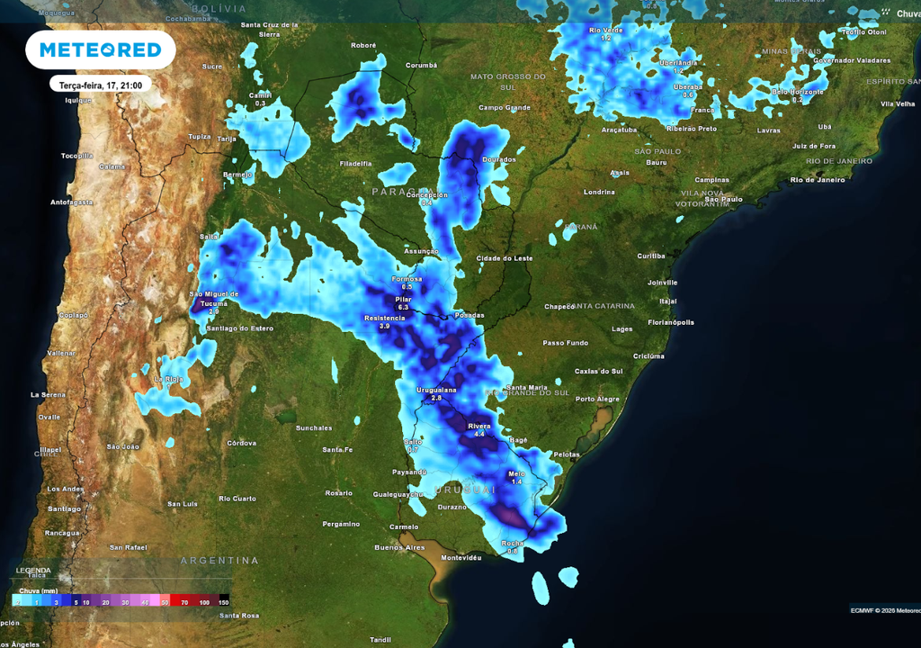 Previsão de chuva na terça-feira (17), de acordo com o ECMWF.