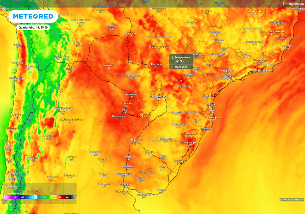 Previsão de temperatura máxima na quarta-feira (18), de acordo com o ECMWF.