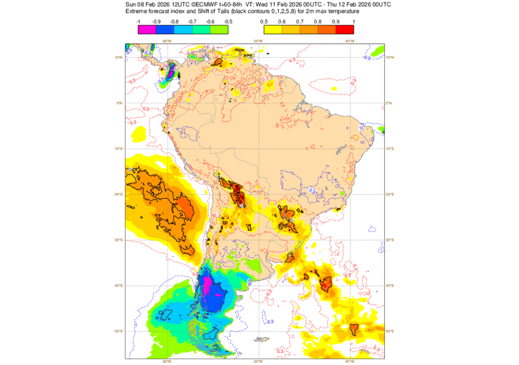 EFI do ECMWF para temperatura máxima nesta quarta-feira (11). Créditos: ECMWF.