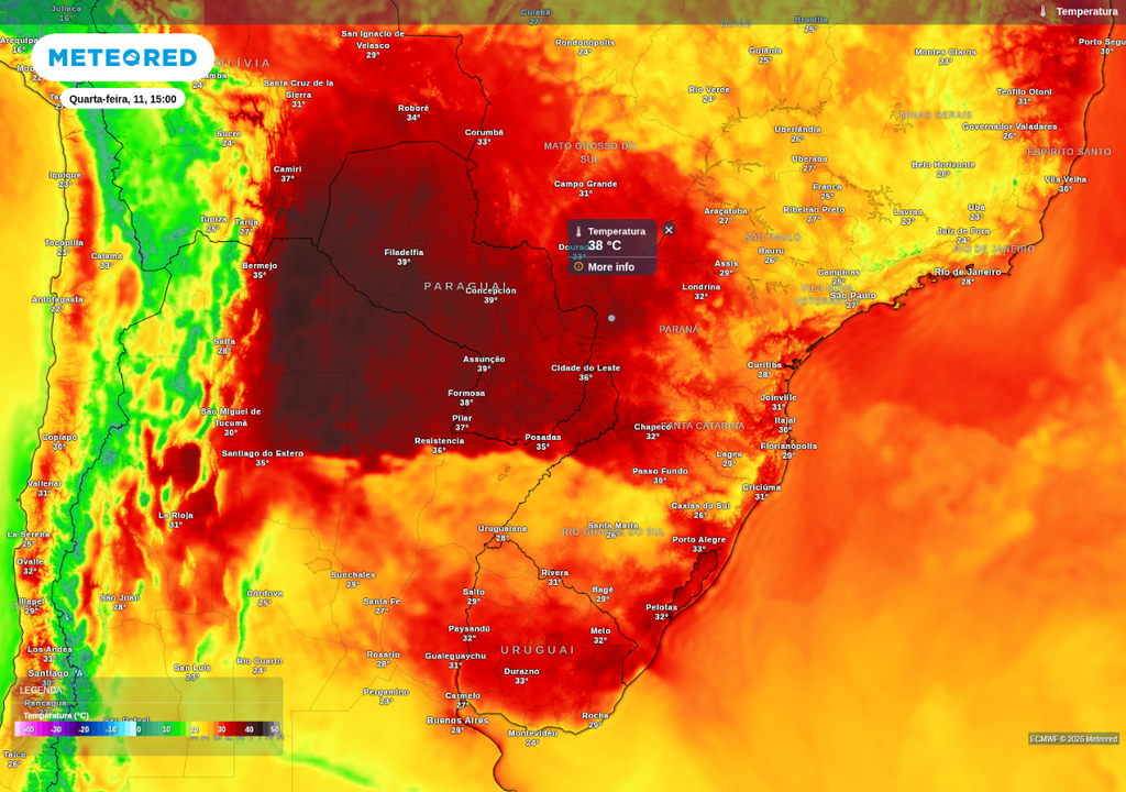 Previsão de temperatura máxima nesta quarta-feira (11), de acordo com o ECMWF.