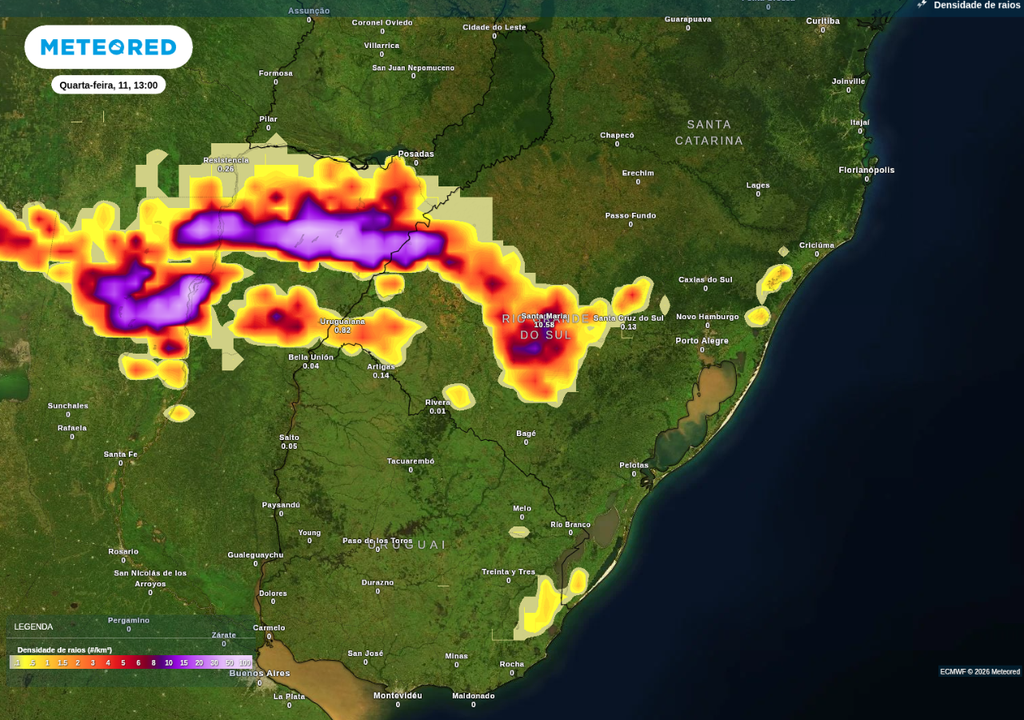 Previsão de tempestades nesta quarta-feira (11), de acordo com o ECMWF.