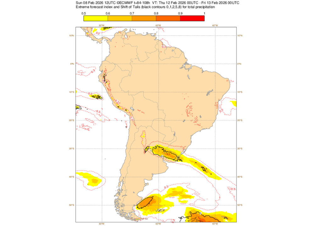 EFI do ECMWF para precipitação nesta quinta-feira (12). Créditos: ECMWF.