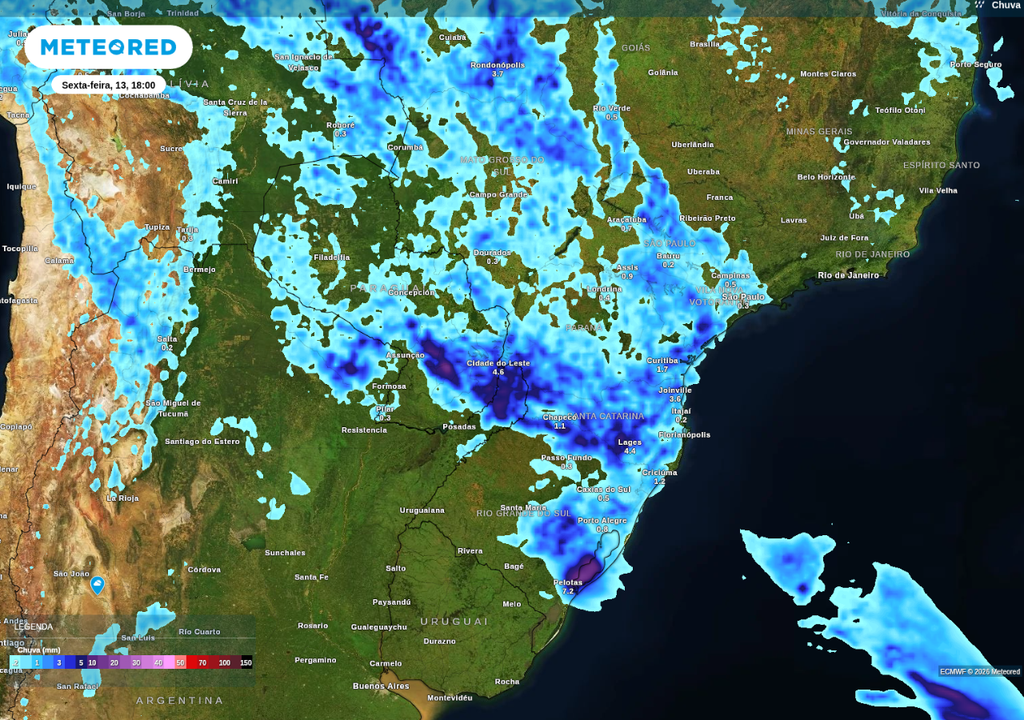 Previsão de chuva nesta sexta-feira (13), de acordo com o ECMWF.