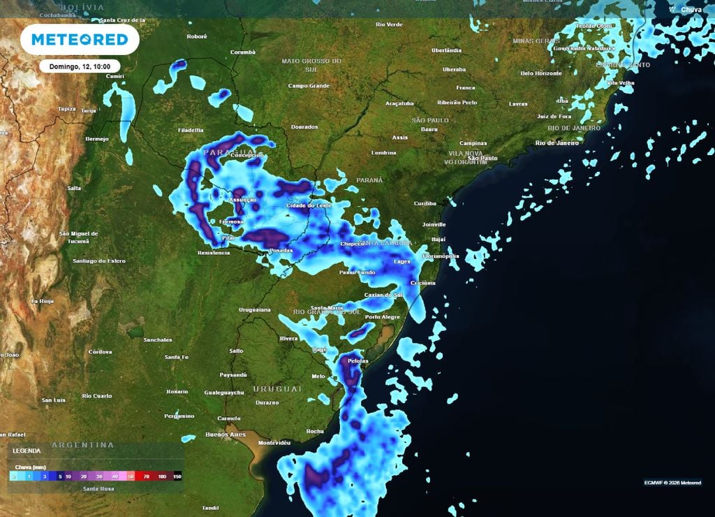 Previsão de chuva para a manhã do domingo, 12 de abril.