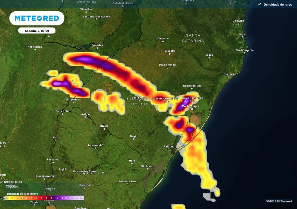 Previsão de tempestades no sábado (2), de acordo com o ECMWF. Previsão de tempestades no sábado (2), de acordo com o ECMWF.