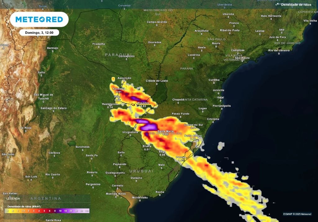 Previsão de tempestades no domingo (3), de acordo com o ECMWF. Previsão de tempestades no domingo (3), de acordo com o ECMWF.