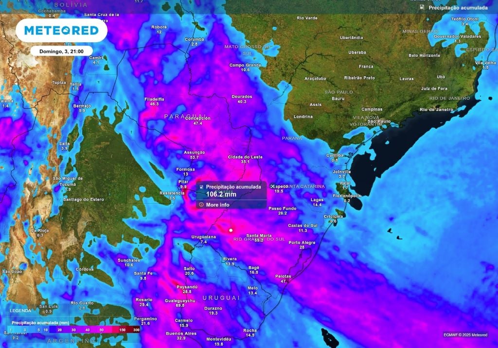 Previsão de chuva acumulada até domingo (3), de acordo com o ECMWF. Previsão de chuva acumulada até domingo (3), de acordo com o ECMWF.