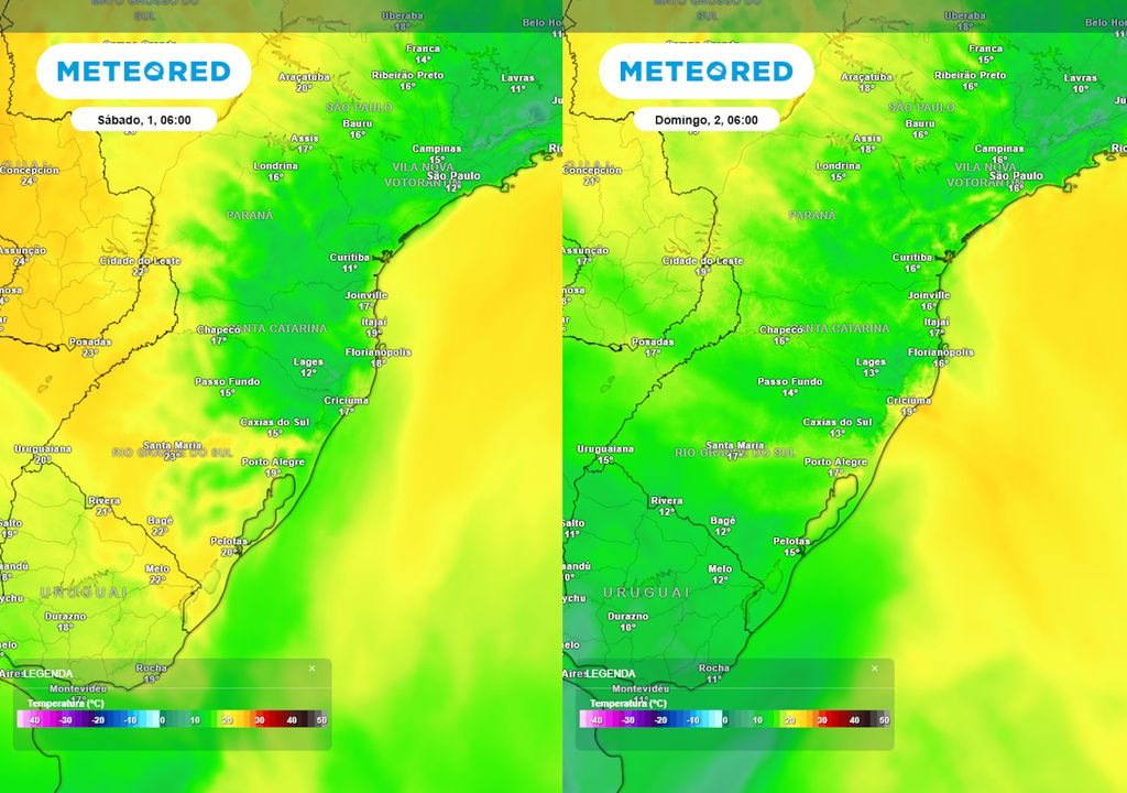 Previsão de temperaturas mínimas no Sábado e no Domingo mostra que haverá um resfriamento entre estes dias, mas não há previsão de temperaturas extremas que possam causar geadas.