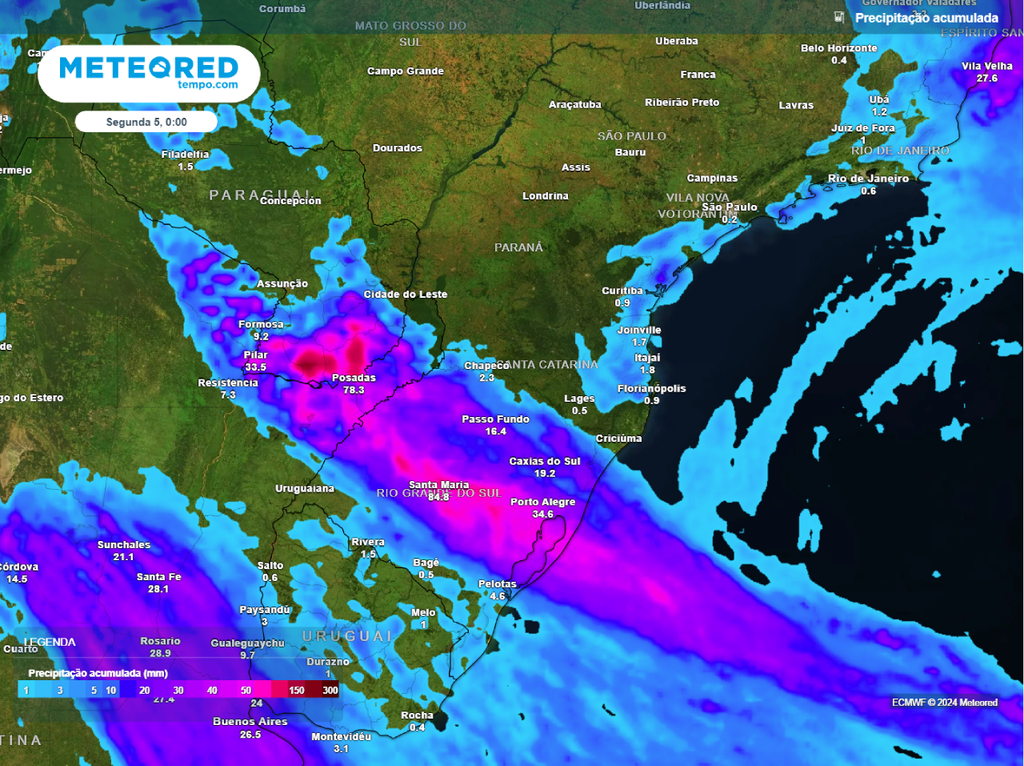 previsão, chuva acumulada, região Sul