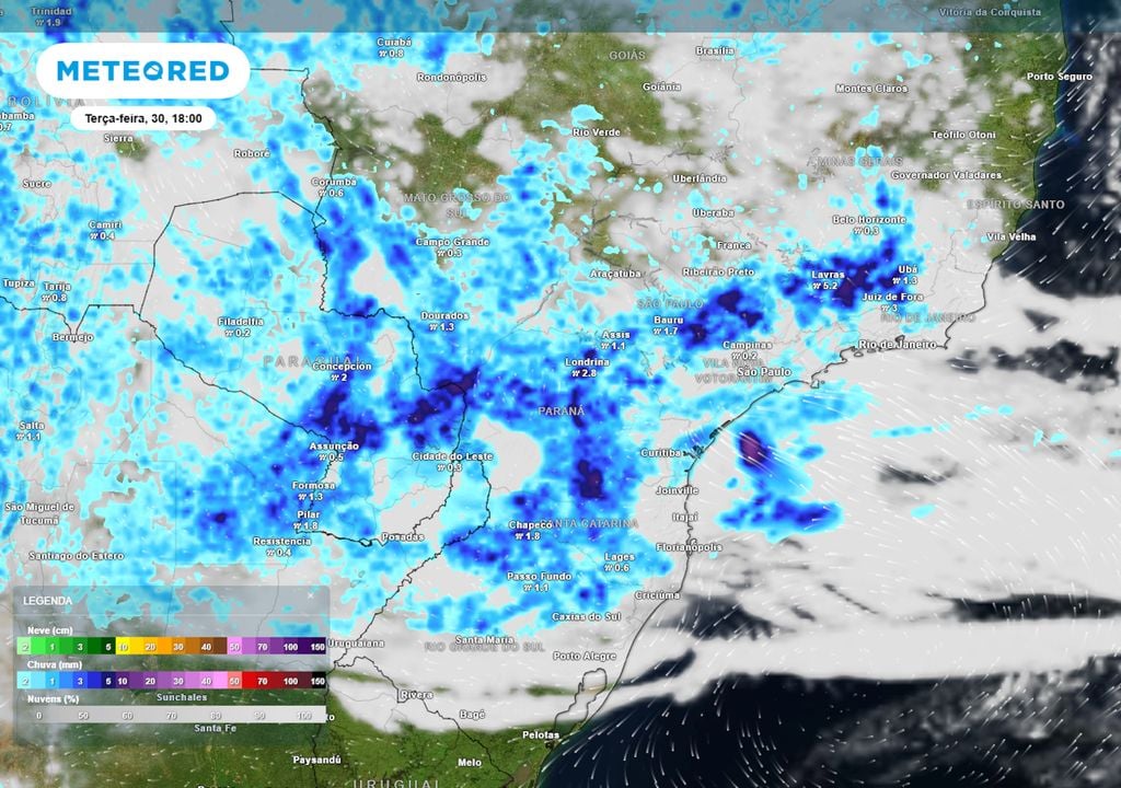 Previsão de pressão, ventos, nebulosidade e precipitação na terça-feira.