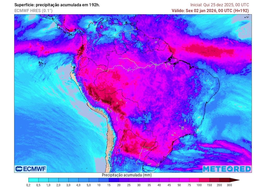Previsão de acumulados totais até o final do dia 1 de Janeiro.