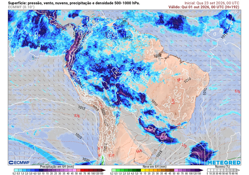 Previsão de chuva para quinta-feira (1), segundo o ECMWF. Previsão de chuva para quinta-feira (1), segundo o ECMWF.