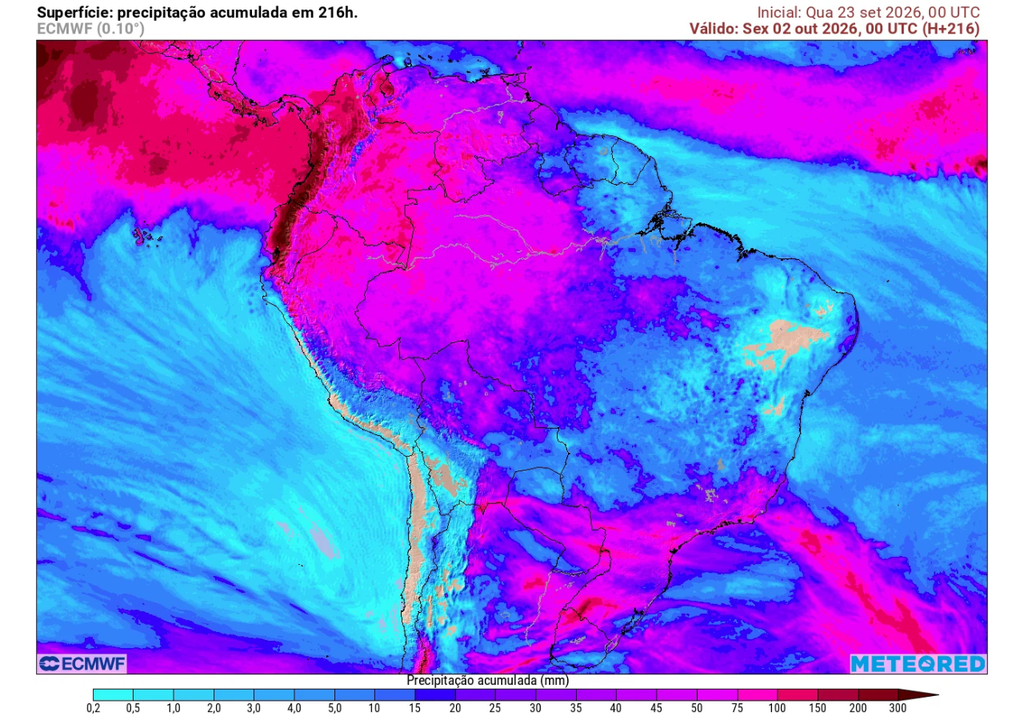Previsão de chuva acumulada até o final da quinta-feira (1), segundo o ECMWF. Previsão de chuva acumulada até o final da quinta-feira (1), segundo o ECMWF.