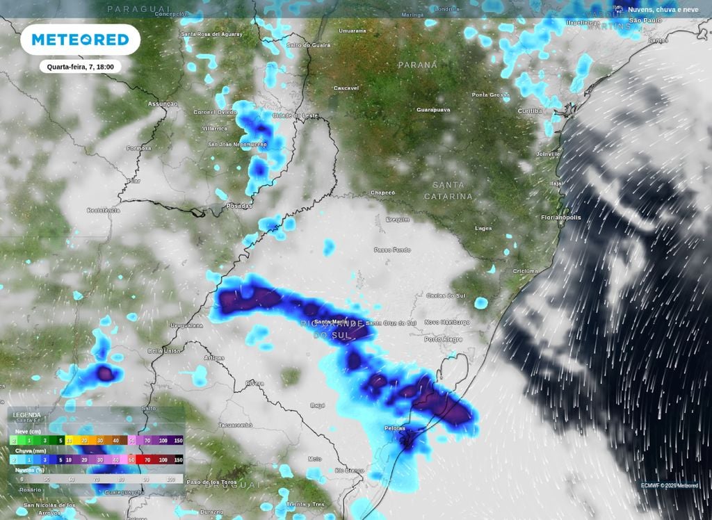 Mapa de chuva prevista para o final da tarde e início da noite desta quarta (7). Mapa de chuva prevista para o final da tarde e início da noite desta quarta (7).