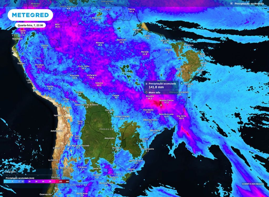 Previsão de chuva acumulada entre terça (6) e quarta-feira (7). Previsão de chuva acumulada entre terça (6) e quarta-feira (7).