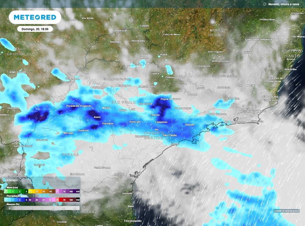 Previsão de chuva (mm) e nebulosidade para o domingo (20) às 18h, segundo o modelo europeu ECMWF.