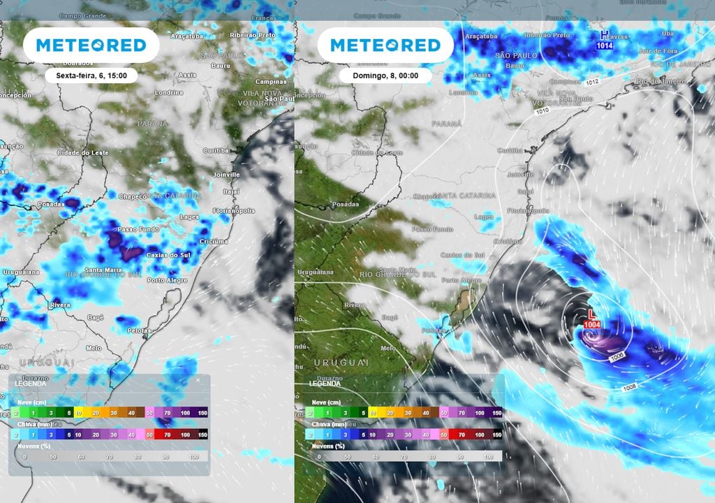 Previsão de pressão, nuvens e chuva na sexta-feira durante a tarde (esquerda) e no final do sábado (direita) mostra respectivamente a chegada da frente fria ao Sul e a formação do ciclone.