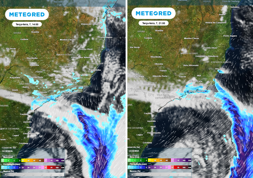 Previsão de precipitação (em mm) e nebulosidade para terça-feira (7) às 14h à esquerda e para às 21h à direita, segundo o modelo europeu ECMWF.
