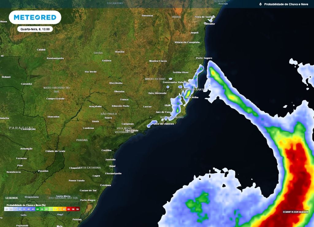 Previsão da probabilidade de precipitação (%) para quarta-feira (8) às 13h, segundo o modelo europeu ECMWF.