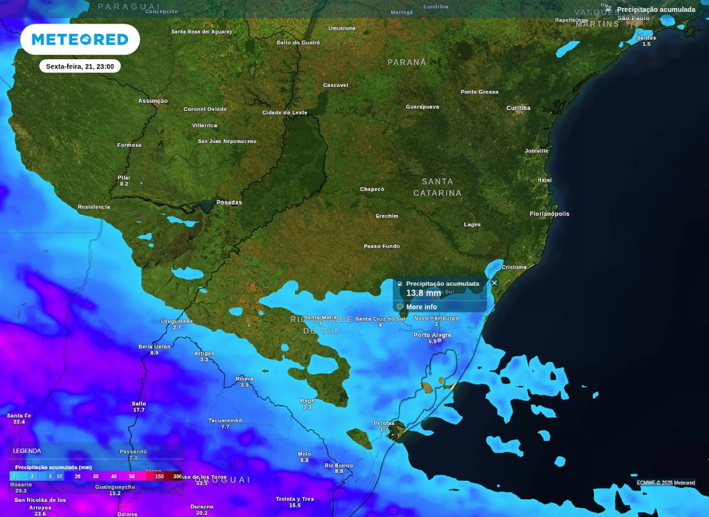 Precipitação acumulada para esta sexta-feira (21) mostra os volumes de chuva provocado pela frente fria.