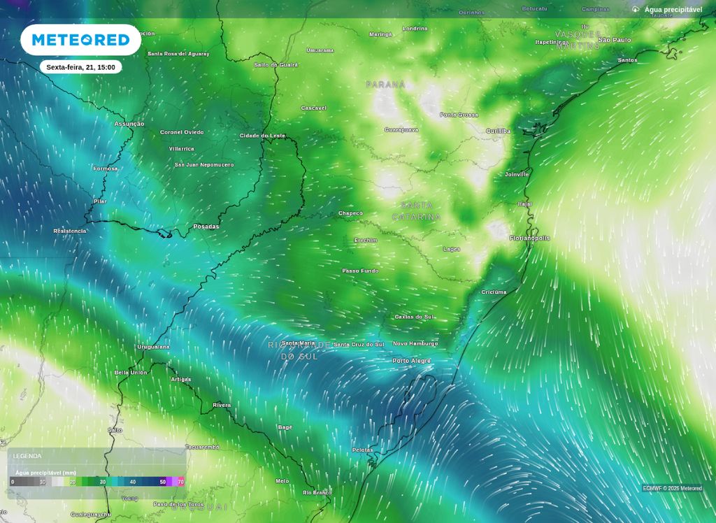 O mapa de previsão de água precipitável para a tarde de sexta (21),mostra o corredor de umidade criado pela frente fria sobre o Rio Grande do Sul.