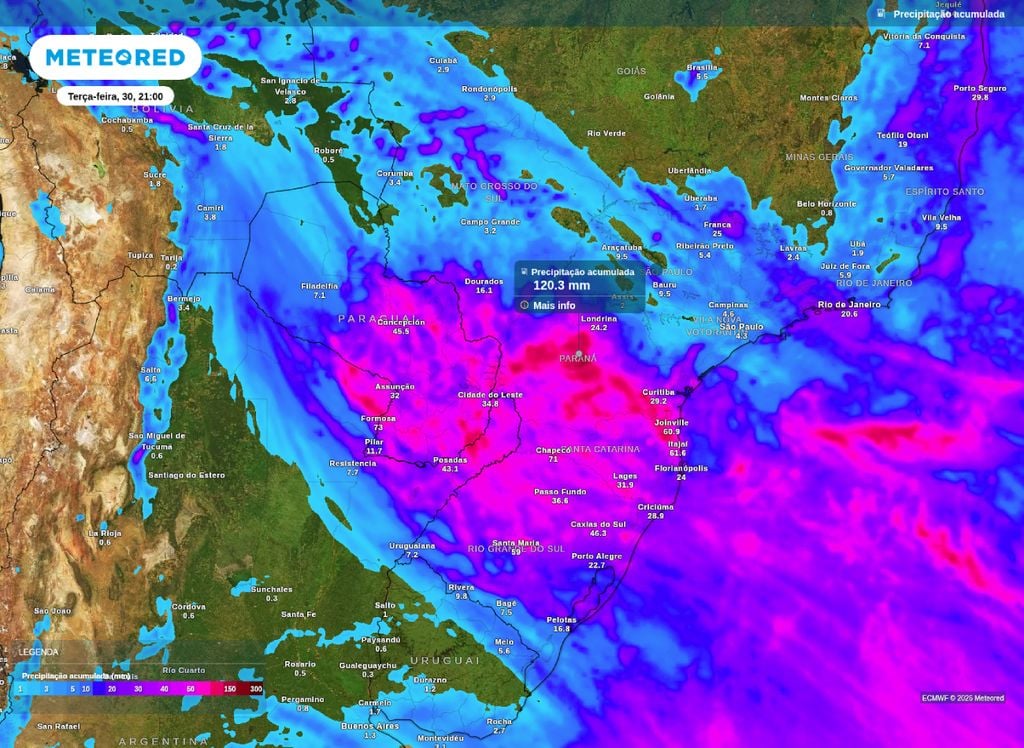 Mapa de precipitação acumulada prevista entre sábado (27) e terça-feira (30) para o Centro-Sul do Brasil.