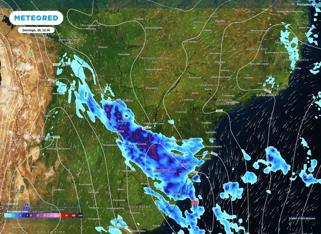 Mapa de precipitação e nível médio do mar mostra a posição do ciclone e da frente fria sobre a América do Sul.