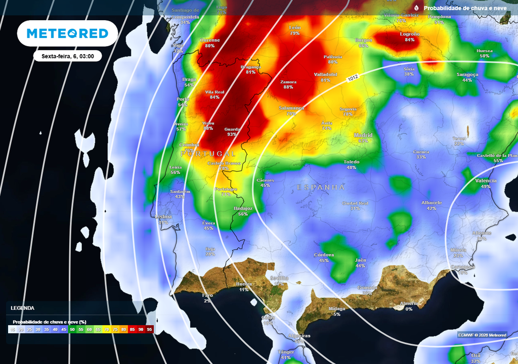 Em termos de pluviosidade, sexta-feira (6) é o dia com maior probabilidade de ocorrência de precipitação em Portugal continental, especialmente no Norte, Centro e Alto Alentejo.