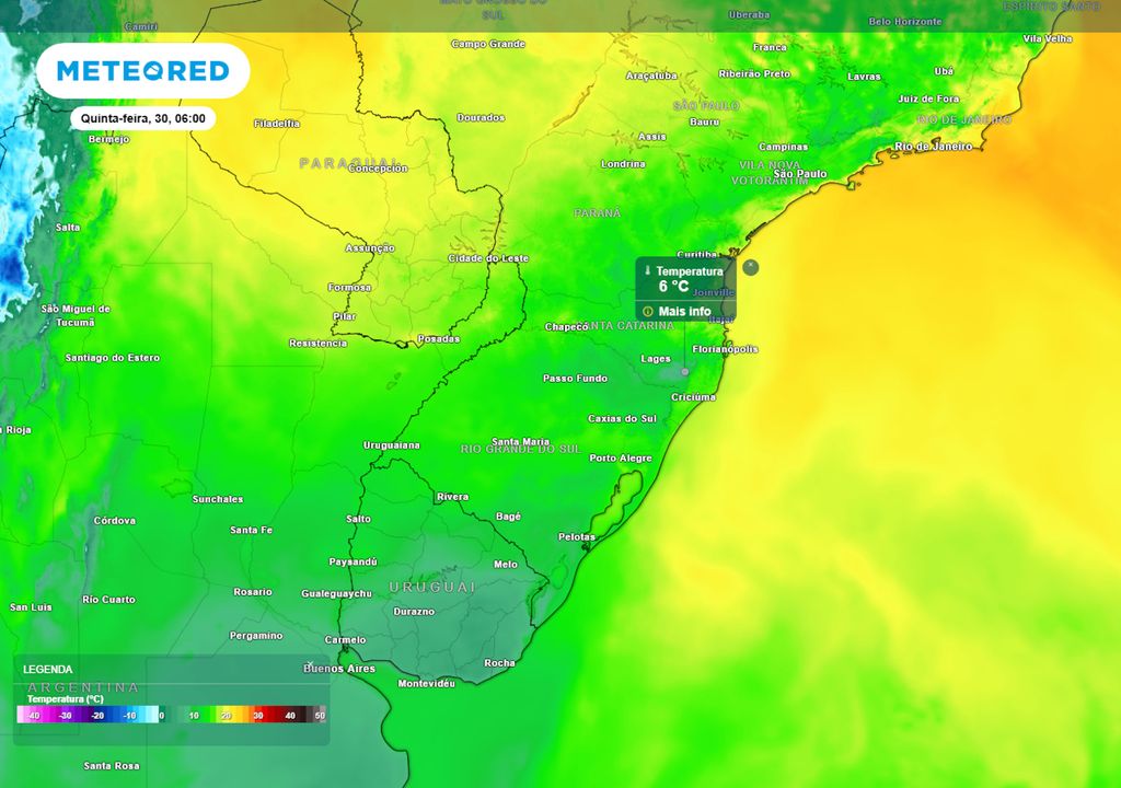 Previsão de temperaturas mínimas na quinta-feira mostra que as mínimas podem chegar perto dos 5°C na região da Serra Catarinense. Não se descarta a possibilidade de geadas pontuais.