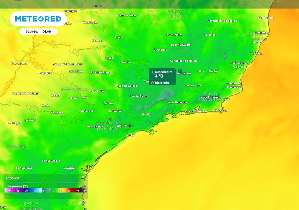 Previsão de temperaturas mínimas no sábado mostra o pico do frio sobre a região Sudeste. A região ao redor da serra da Mantiqueira pode registrar mínimas baixas no fim de semana.