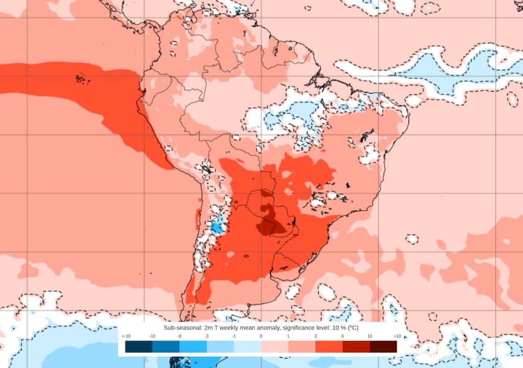 Previsão de anomalias de temperatura entre os dias 27 de Julho e 3 de Agosto (modelo ECMWF) mostra que as temperaturas continuarão mais quentes que o normal essa semana.